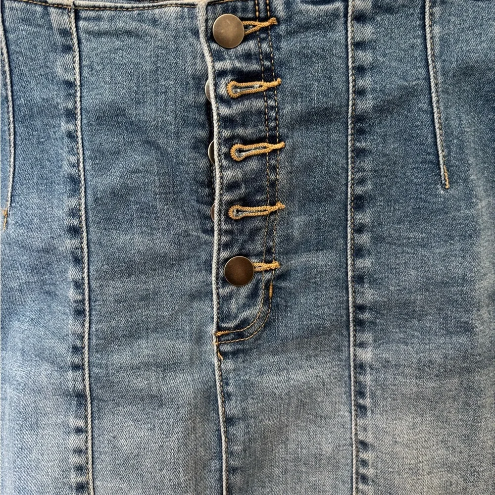Altar’d State Cotton Blend Front Button Up Jean Shirt with Distressed Bottom